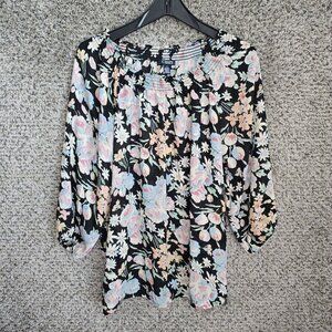 Chaps Top Womens Medium Black Floral‎ Print Off The Shoulder Blouse Sheer Ladies